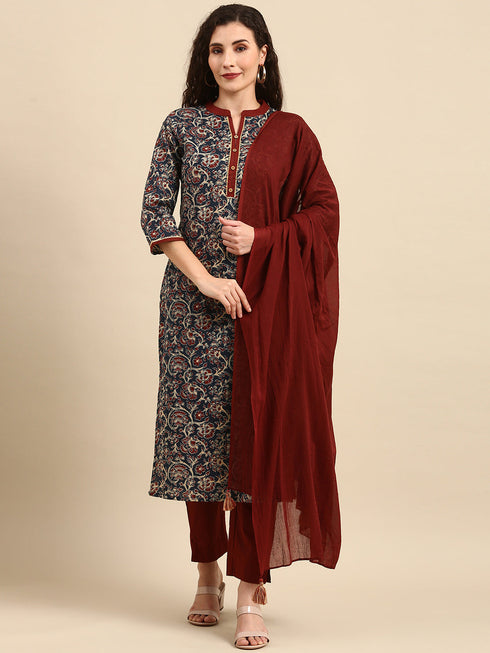 Teal Blue Cotton Floral Print Kurta with Pant and Dupatta